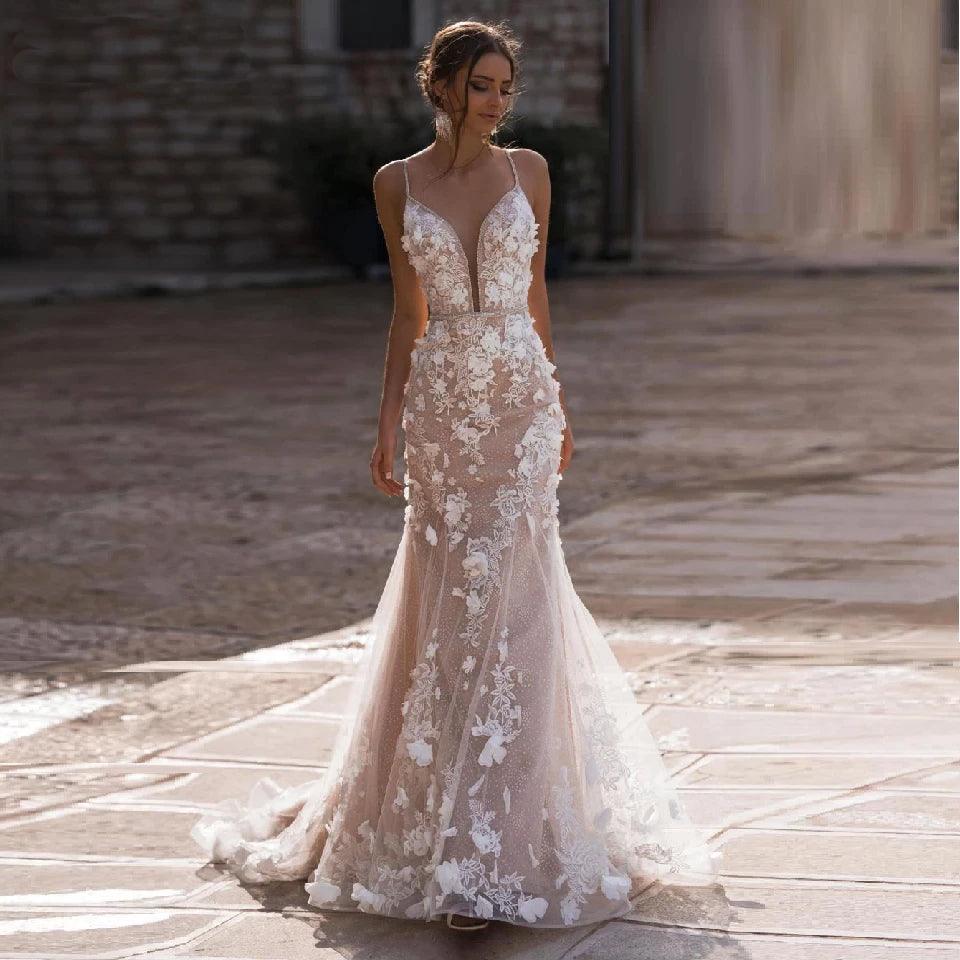 Sexy Deep V-Neck Mermaid Wedding Dress – Spaghetti Straps, Crystal Beading & 3D Appliqués, Custom Made