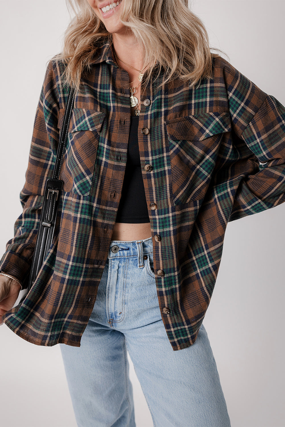 Stylish Women's Brown Plaid Button-Up Shirt Jacket with Chest Pockets Versatile Outerwear for Casual & Chic Looks