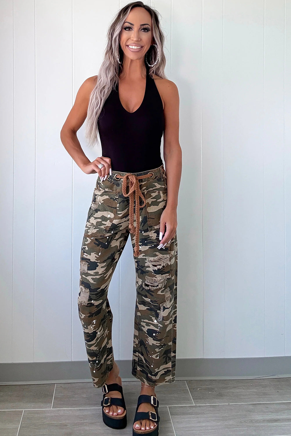 Trendy Women's Green Camouflage Distressed Denim Pants - Casual Loose Fit for Effortless Everyday Style