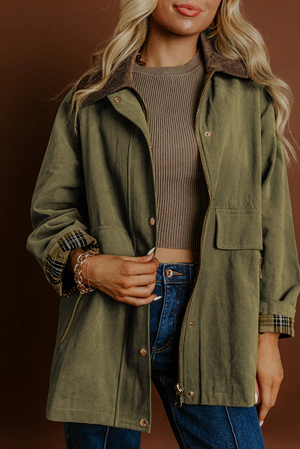 Women's Moss Green Color Block Utility Jacket with Leopard Liner and Collar Detail - Stylish & Versatile Outerwear