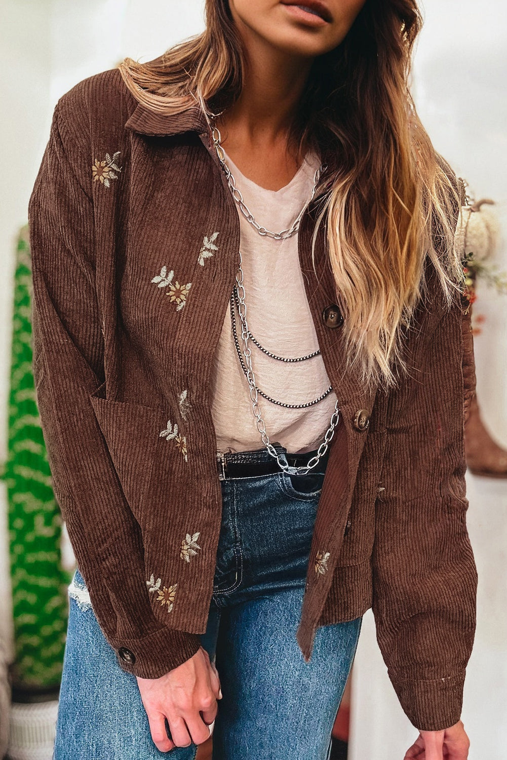 Women's Fall Coffee Floral Embroidered Corduroy Jacket with Button Front, Pockets, and Chic Collar for Effortless Style