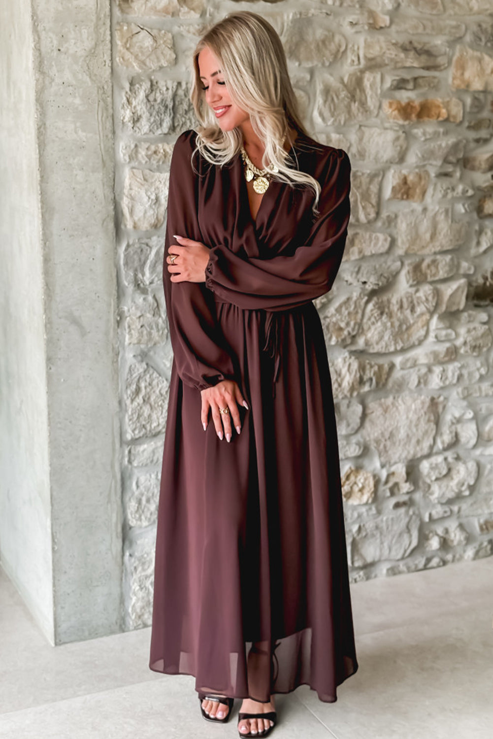 Chic Dark Brown Long Sleeve V-Neck Pleated High Waist Maxi Dress for Women Ideal for Formal and Casual Events