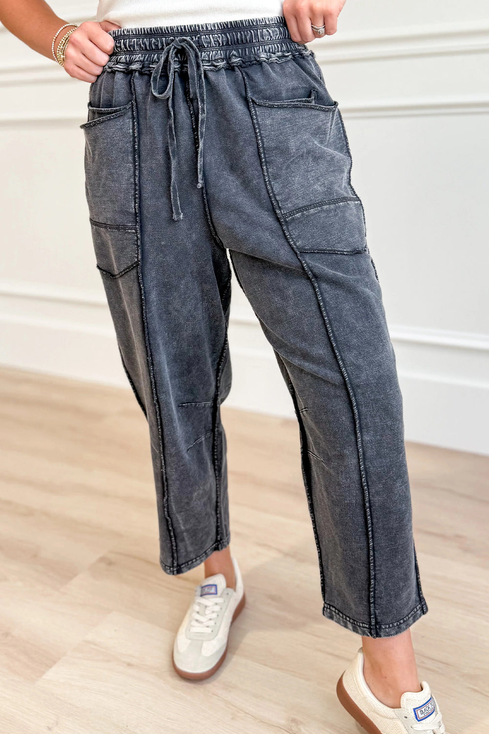 Women's Dark Grey Mineral Wash Loose-Fit Pants with Drawstring Waist and Exposed Seams for Ultimate Comfort