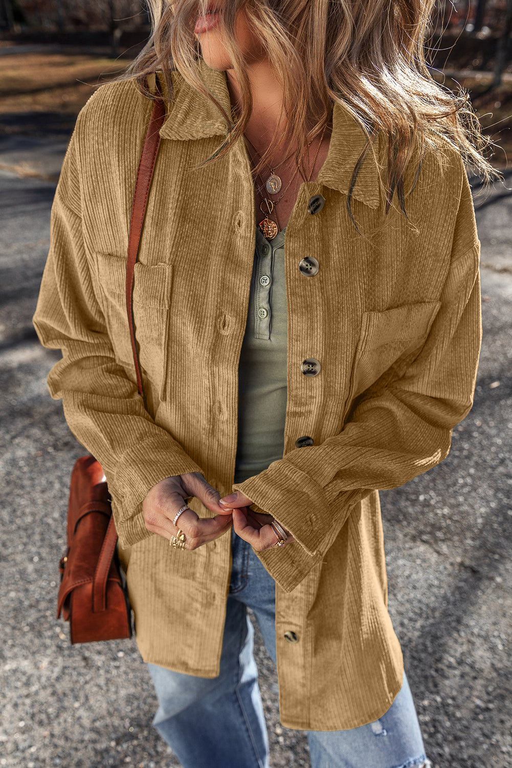 Stylish Women's Light Beige Corduroy Shacket with Patched Pockets - Chic Button-Up Jacket for Effortless Casual Outfits