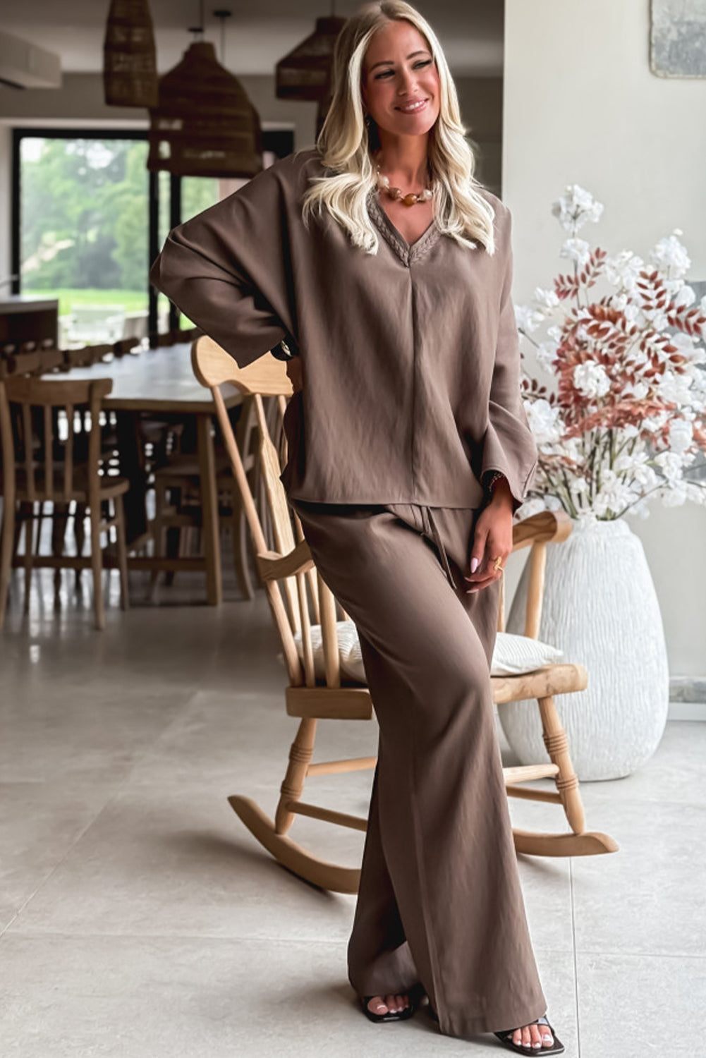 Women's Dark Brown V-Neck Braided Long Sleeve Top & Drawstring High-Waist Pants Set - Casual Loose Fit 2-Piece Outfit