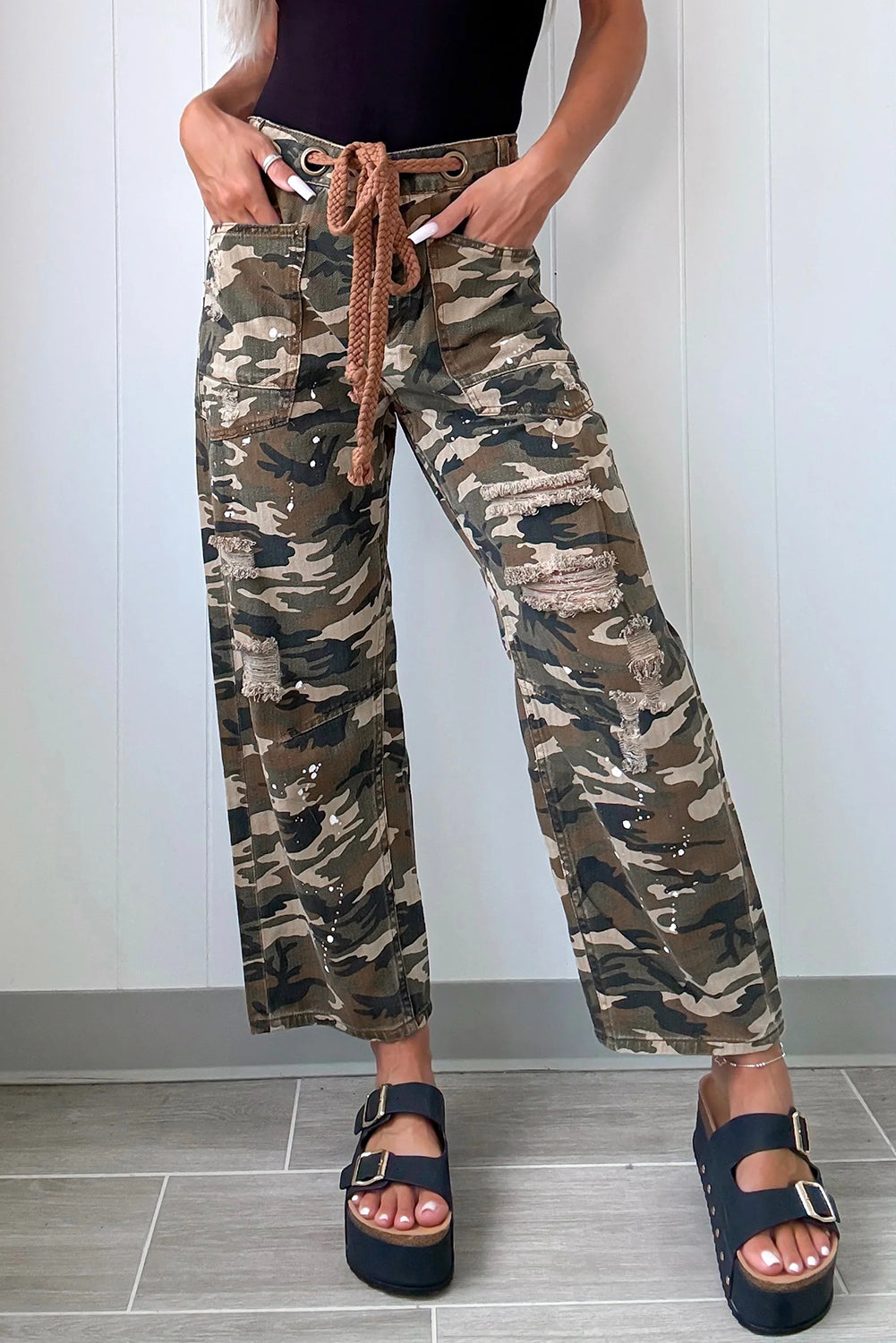 Trendy Women's Green Camouflage Distressed Denim Pants - Casual Loose Fit for Effortless Everyday Style