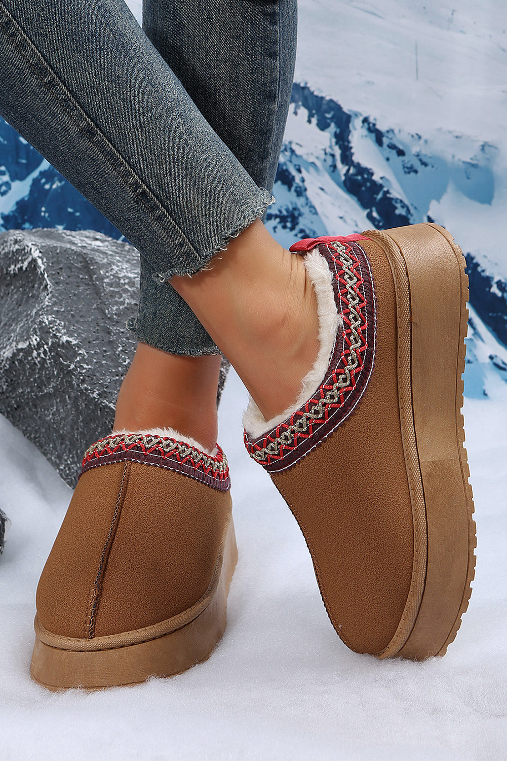 Women's Chestnut Suede Snow Boots with Plush Lining & Trendy Contrast Print for Cozy Winter Style