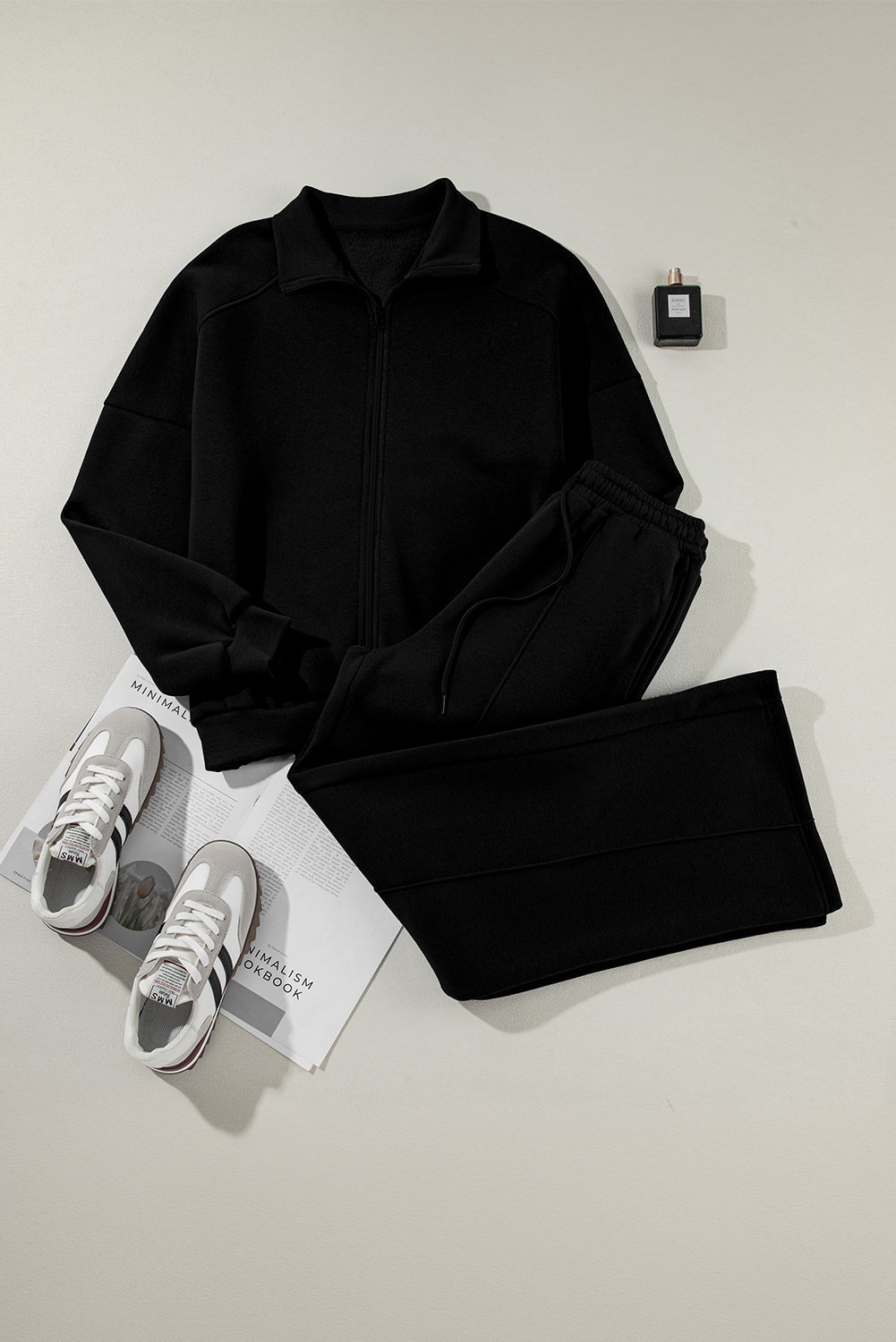 Women's Black Drop Shoulder Zip-Up Jacket & Drawstring Pants Activewear Set for Comfortable Fitness Style