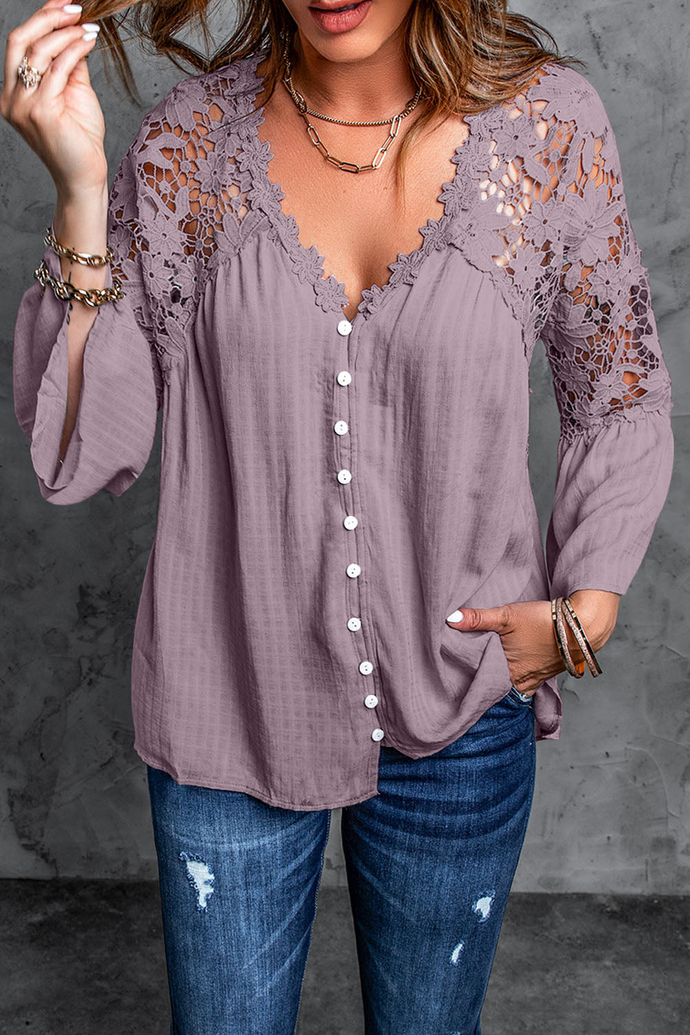 Chic Women's Purple Crochet Lace Button-Up Top - Stylish & Comfortable for Casual or Dressy Events
