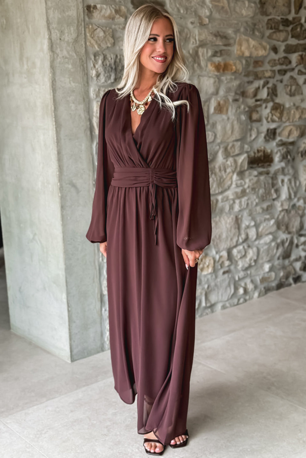 Chic Dark Brown Long Sleeve V-Neck Pleated High Waist Maxi Dress for Women Ideal for Formal and Casual Events