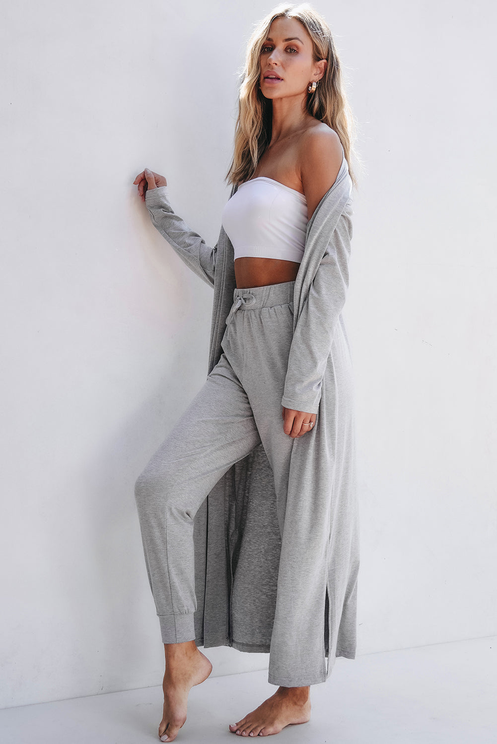 Women's Light Grey Split Long Cardigan with Skinny Pants - Cozy Lounge Set for Relaxed Style and Comfort