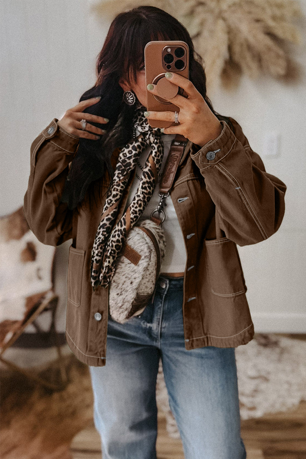 Trendy Women's Coffee Denim Jacket with Patched Pockets, Collared Button Front, Relaxed Fit for Effortless Style
