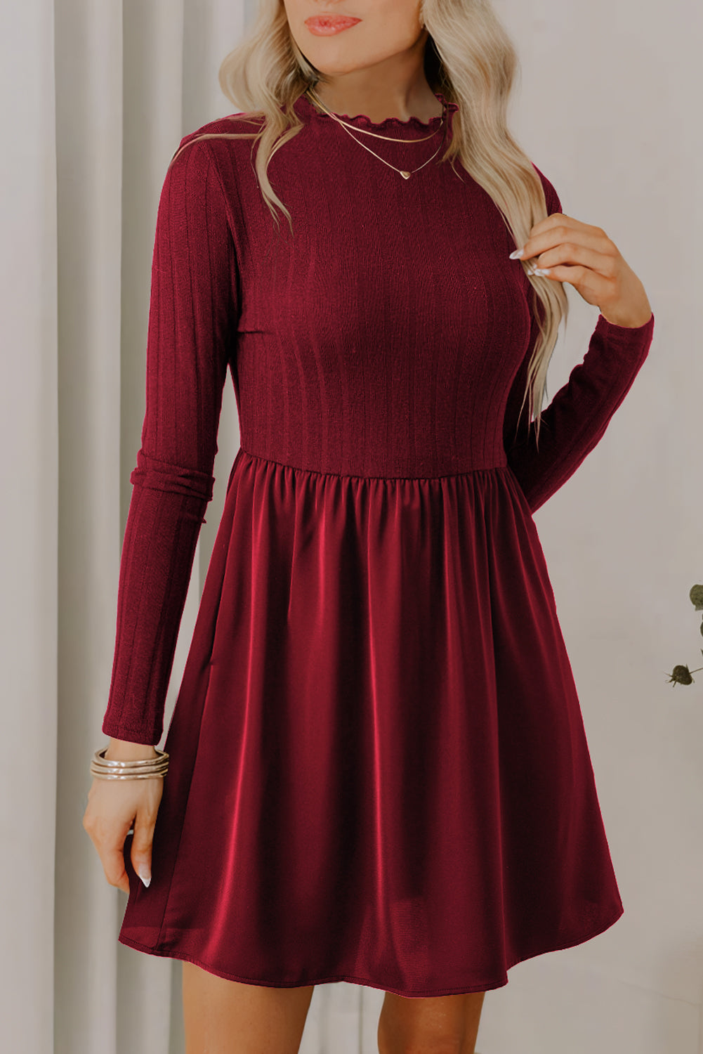Chic Women's Red Ribbed Knit Mini Dress with Frilled Neck and Stylish Patchwork Design for Effortless Elegance