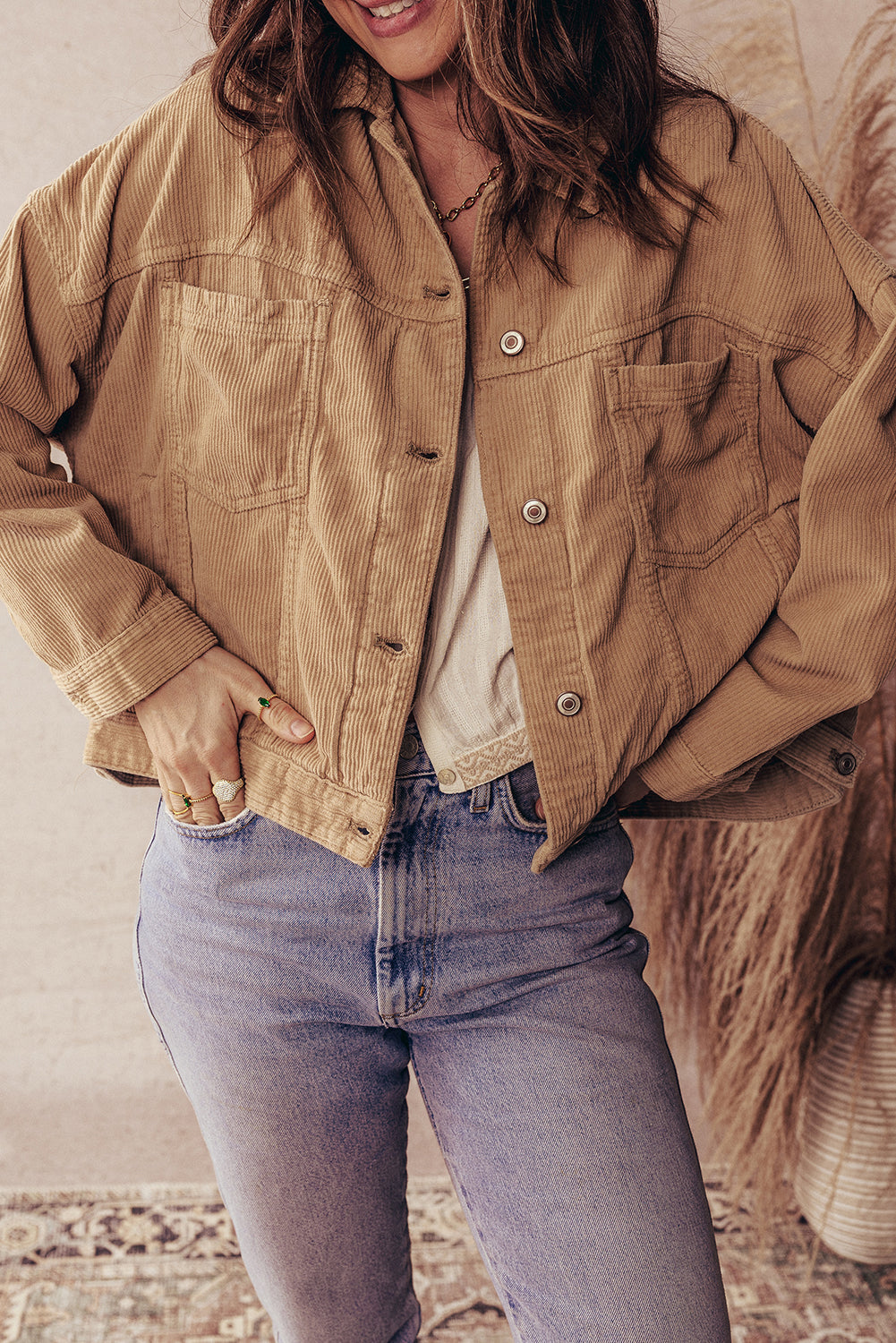 Plus Size Women's Cozy Camel Corduroy Jacket with Double Pockets - Stylish Fall Outerwear for Effortless Layering