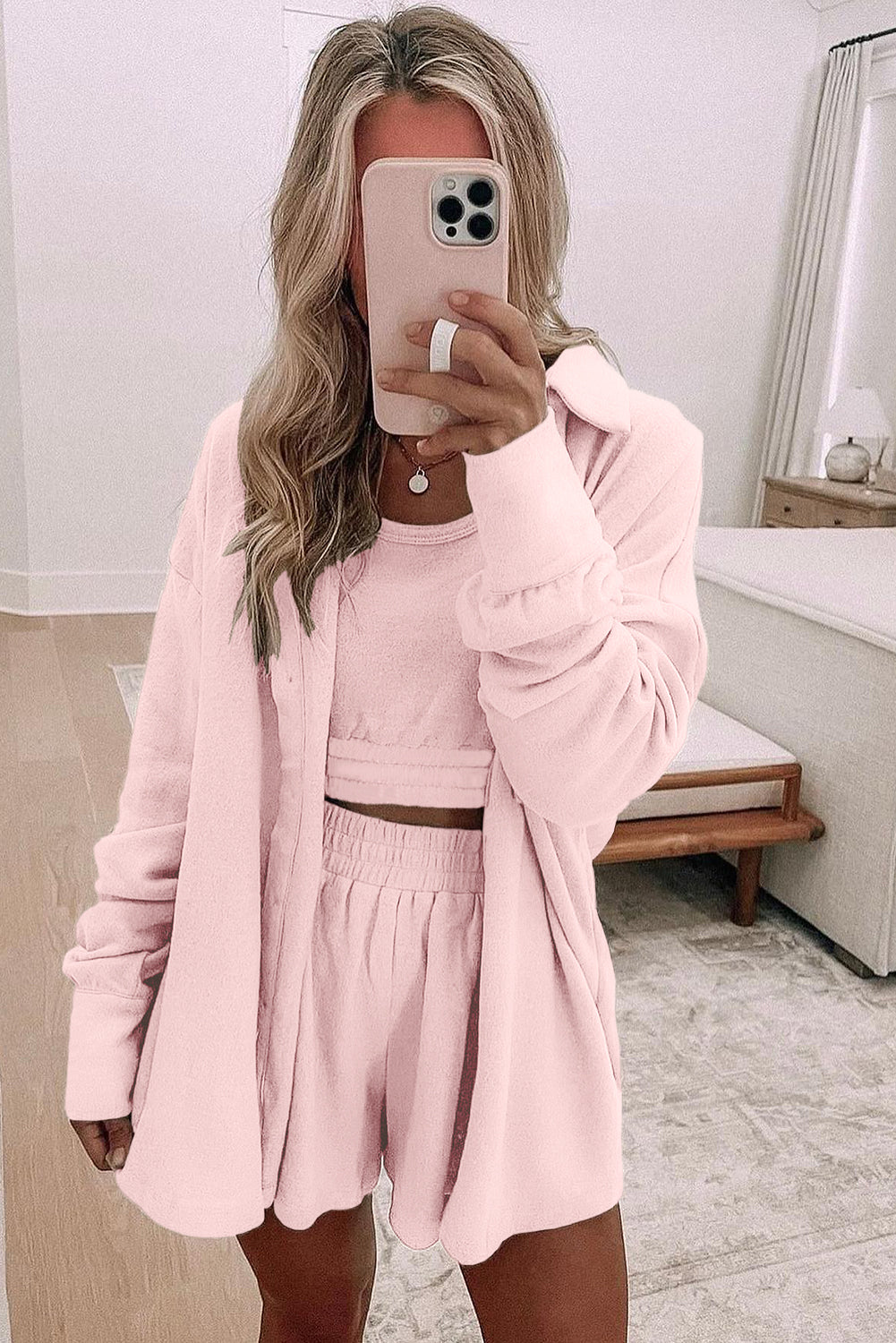 Chic Women's 3-Piece Lounge Set in Soft Fabric - Relaxed Fit Top, Pants, and Matching Robe for Ultimate Comfort