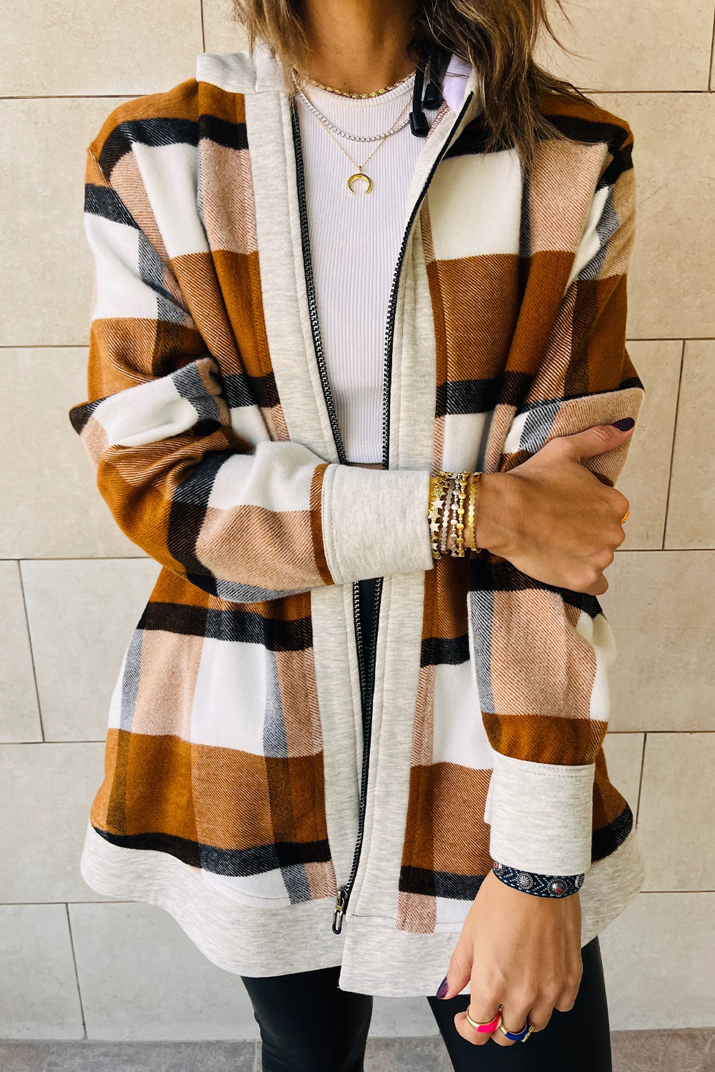 Stylish Women's Brown Vintage Plaid Hooded Zip-Up Jacket with Contrast Trim - Cozy Fall Outerwear for Effortless Chic