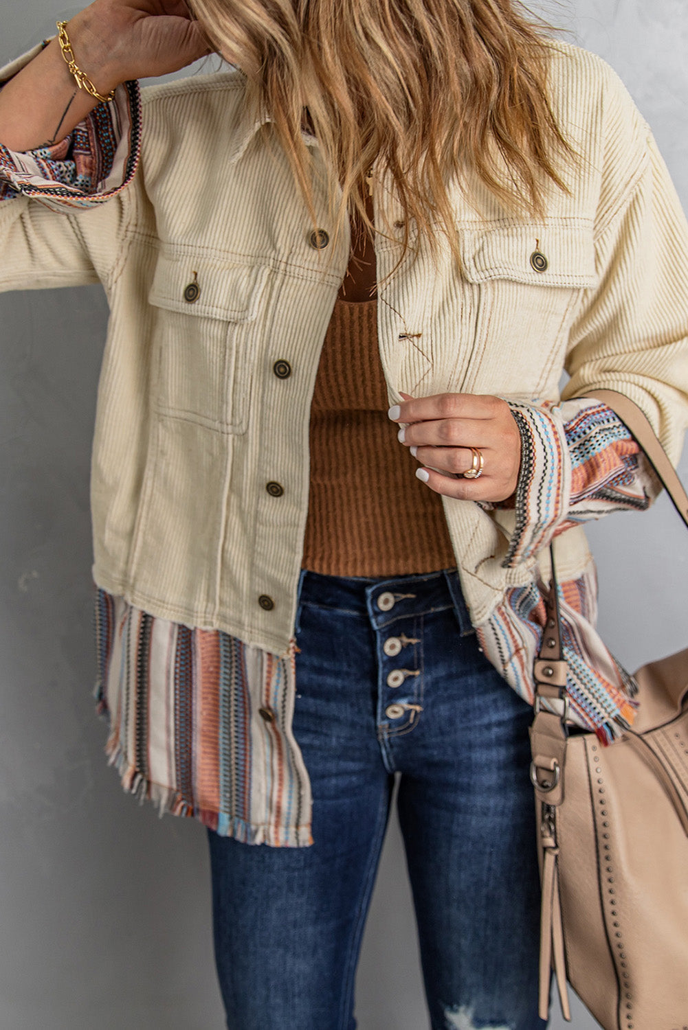 Cozy Women's Color Block Striped Corduroy Jacket with Button-Up Front and Pockets - Perfect Fall Outerwear made for easy styling and wardrobe