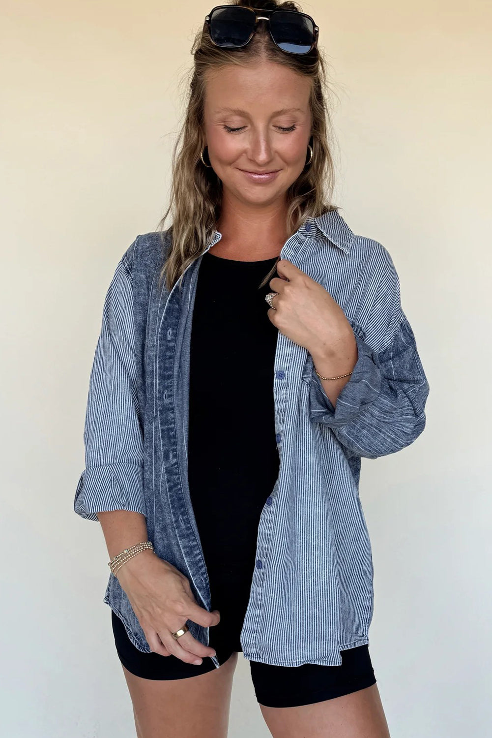 Trendy Women's Blue Patchwork Denim Jacket with Stripes & Drop Shoulder - Stylish Casual Outerwear for Every Occasion