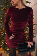 Elegant Burgundy Velvet Long Sleeve Mini Dress for Women - Pleated Bodycon Fit, Ideal for Parties and Night Out