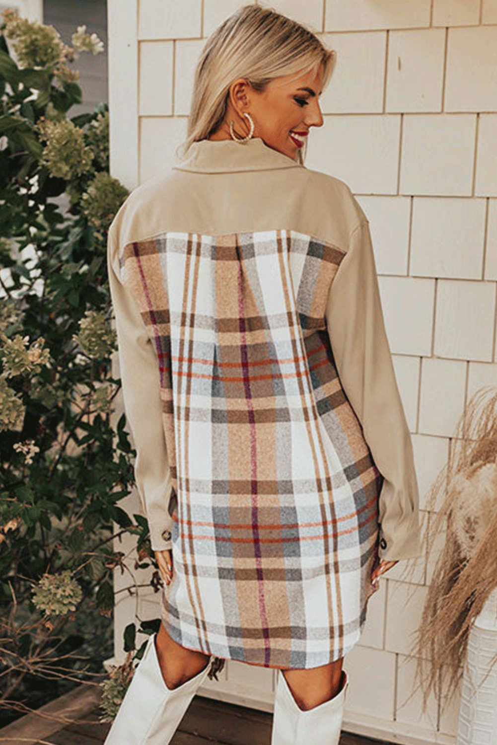 Chic Women's Khaki Plaid Mini Dress with Long Sleeves and Trendy Patchwork Detail for Effortless Casual Style