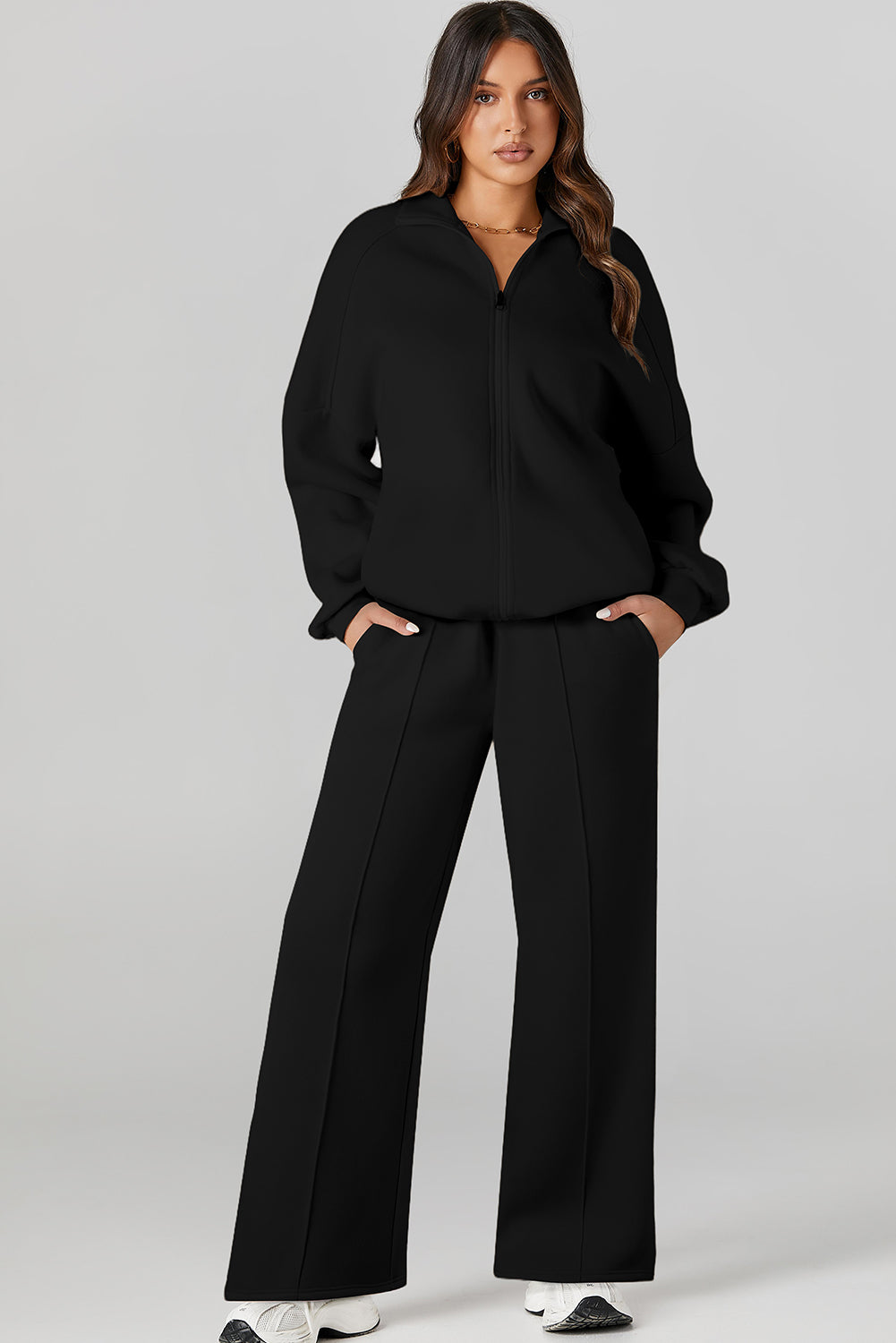Women's Black Drop Shoulder Zip-Up Jacket & Drawstring Pants Activewear Set for Comfortable Fitness Style