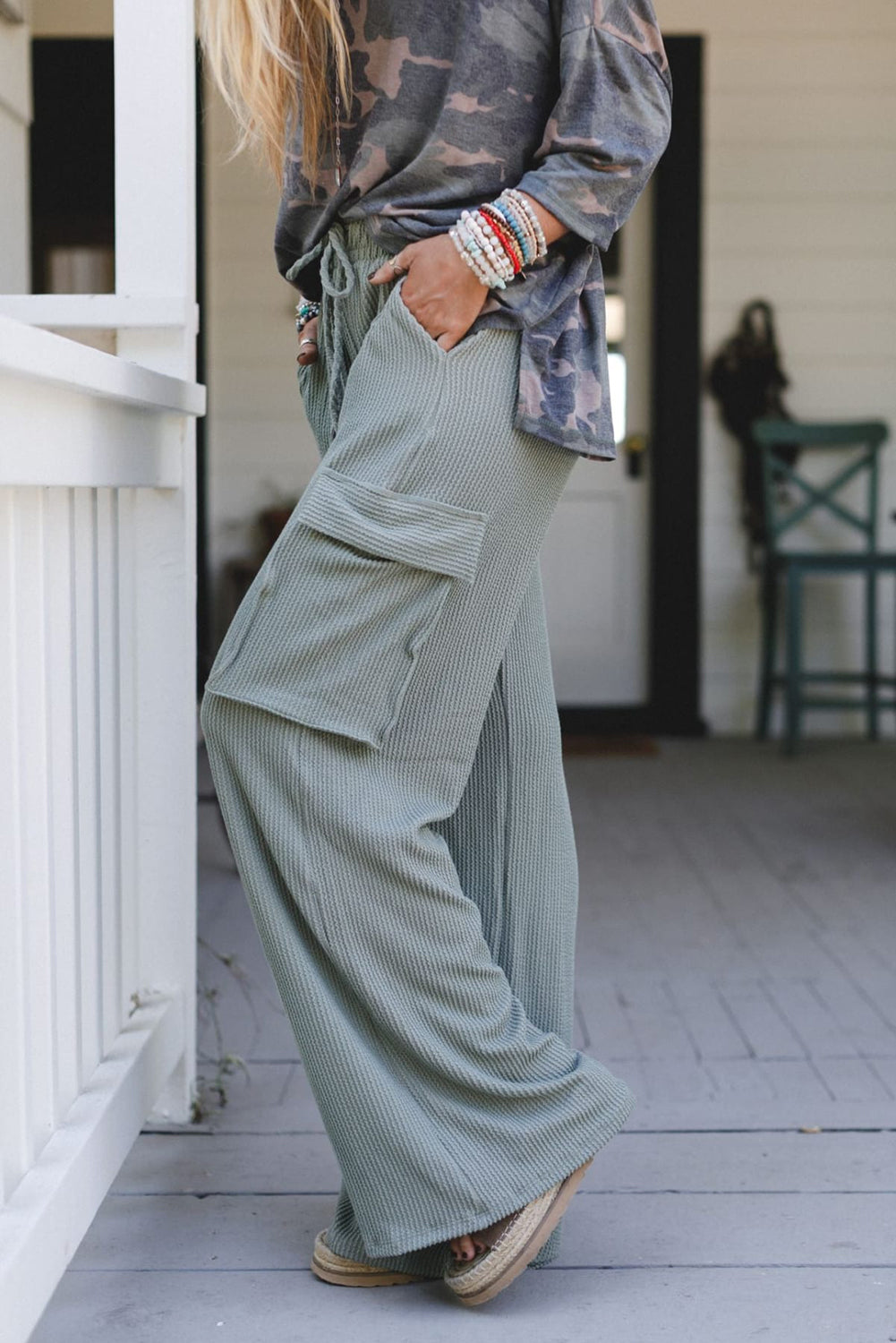 Chic Women's Aqua High Waist Wide Leg Pants with Drawstring & Flap Pockets for Ultimate Comfort and Style