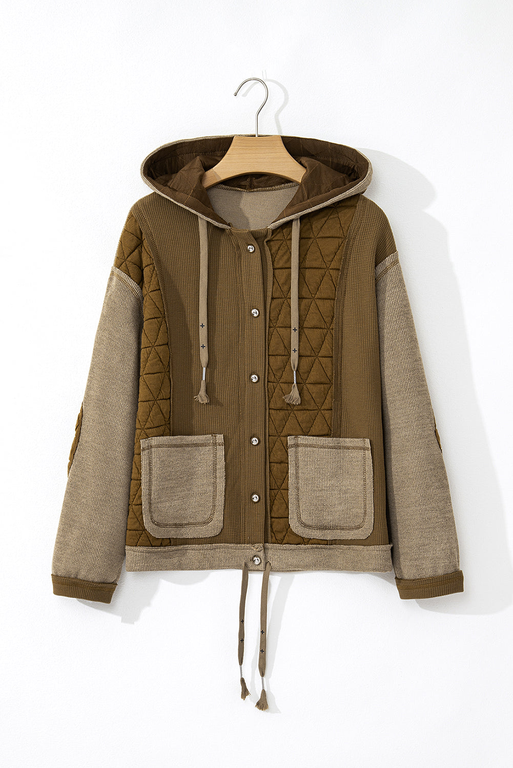 Trendy Women's Jungle Green Quilted Hooded Jacket - Casual Loose Fit with Stylish Textured Patchwork Detail