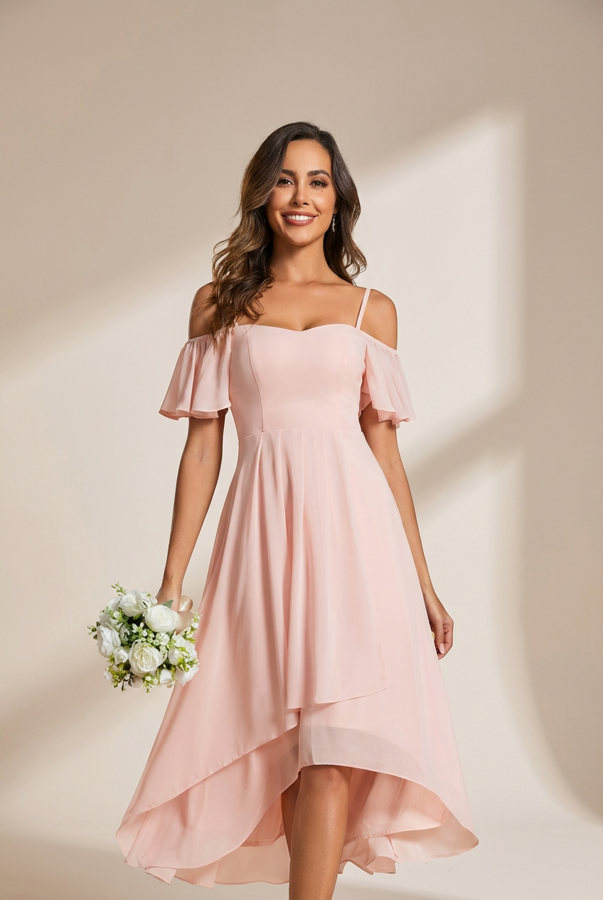 Women's Blush Chiffon Cold-Shoulder Wedding Guest Dress