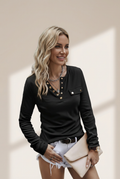 Women's Onyx Black Long Sleeve Henley with Metallic Button Detail