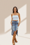 women's light wash high-waisted distressed denim skirt for women - casual summer style, effortless fit for everyday wear made for easy styling and