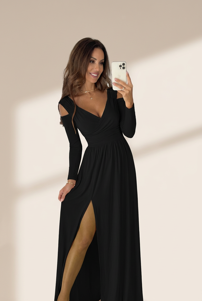 Women's Elegant V-Neck Solid Strapless Long Sleeve Dress