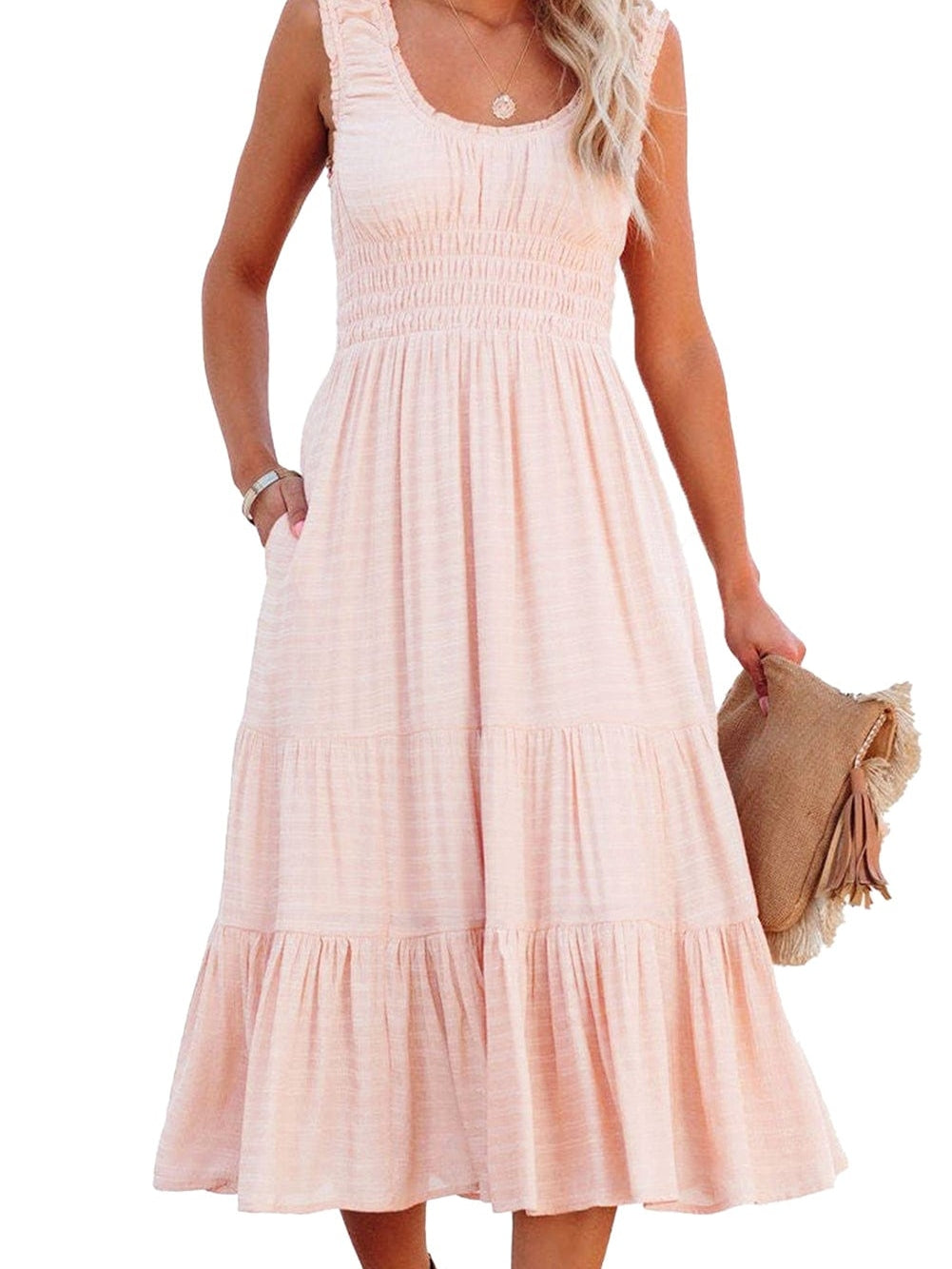Apricot Flounce A-line Midi Dress with Smocked Waist
