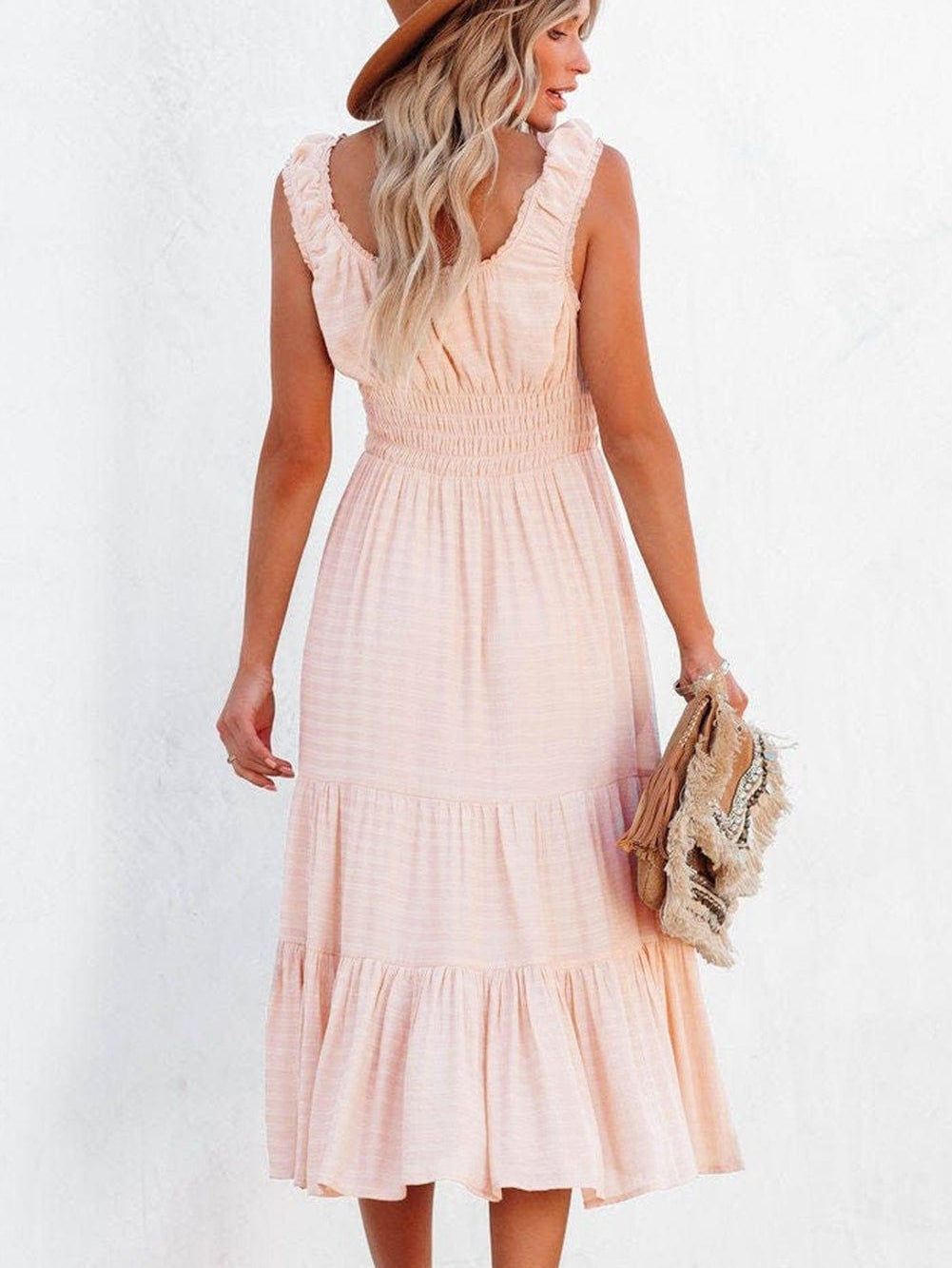 Apricot Flounce A-line Midi Dress with Smocked Waist