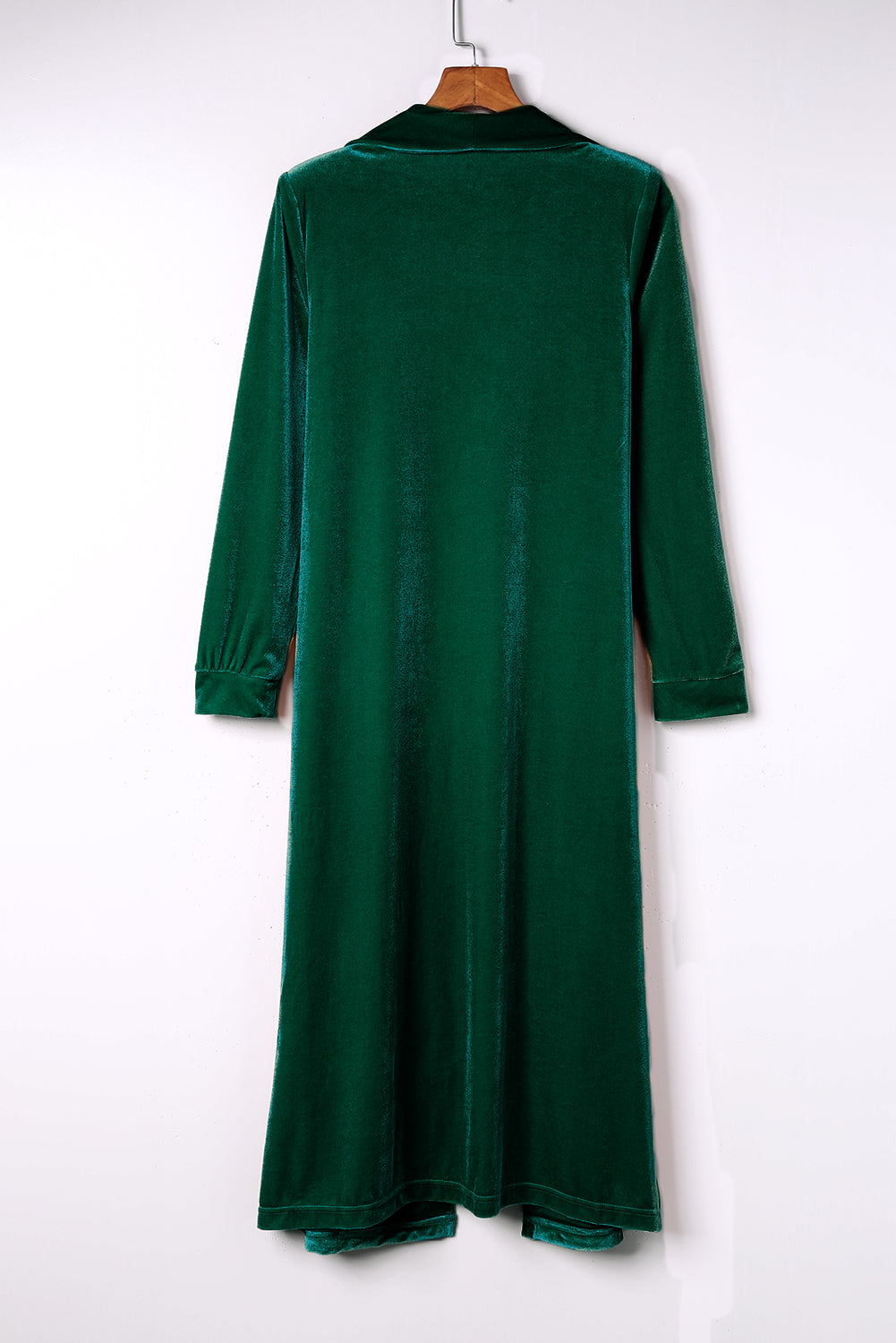 Chic Women's Green Velvet Long Duster Coat with Open Front, Pockets - Stylish and Comfortable Outerwear for Any Occasion