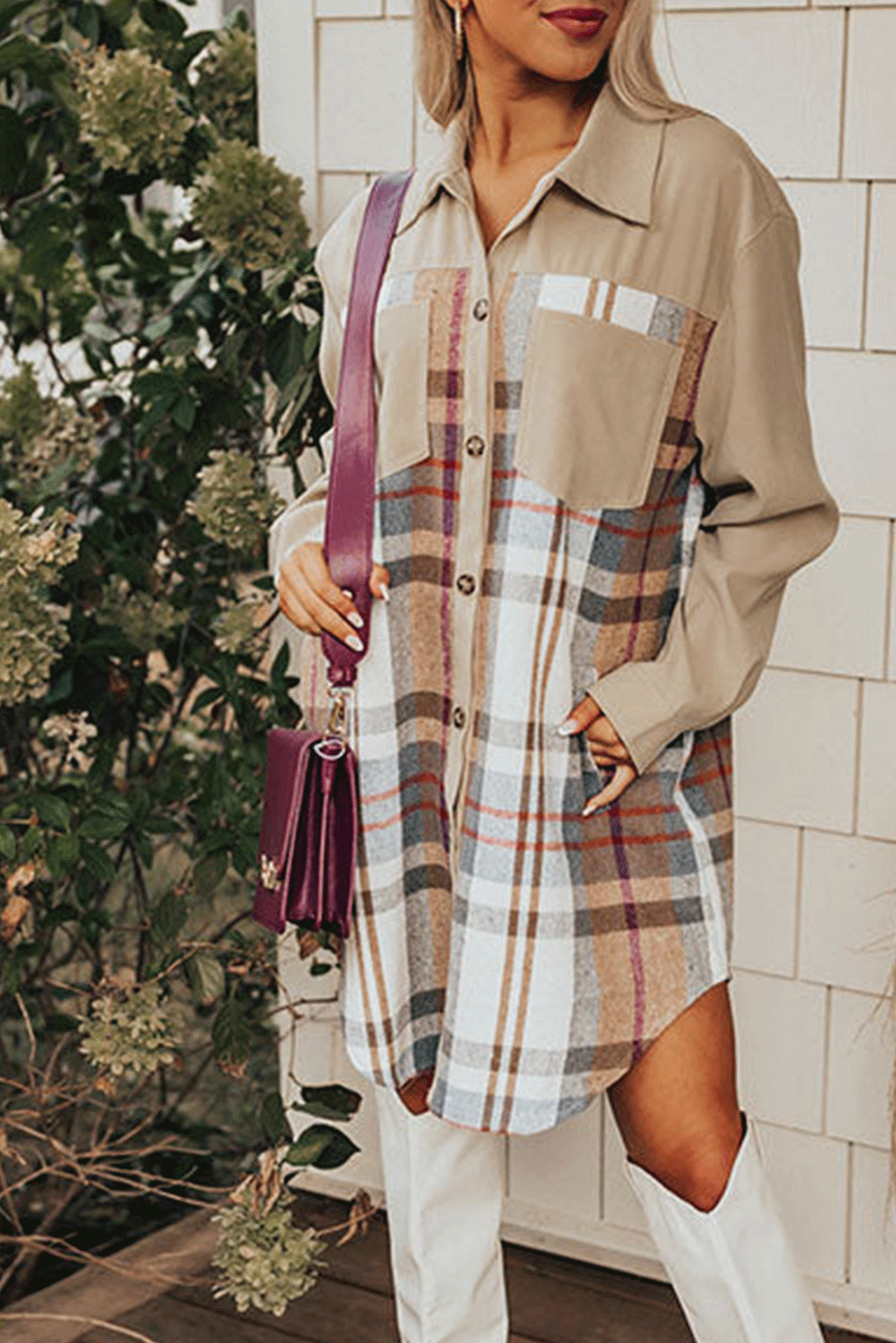 Chic Women's Khaki Plaid Mini Dress with Long Sleeves and Trendy Patchwork Detail for Effortless Casual Style