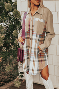 Chic Women's Khaki Plaid Mini Dress with Long Sleeves and Trendy Patchwork Detail for Effortless Casual Style