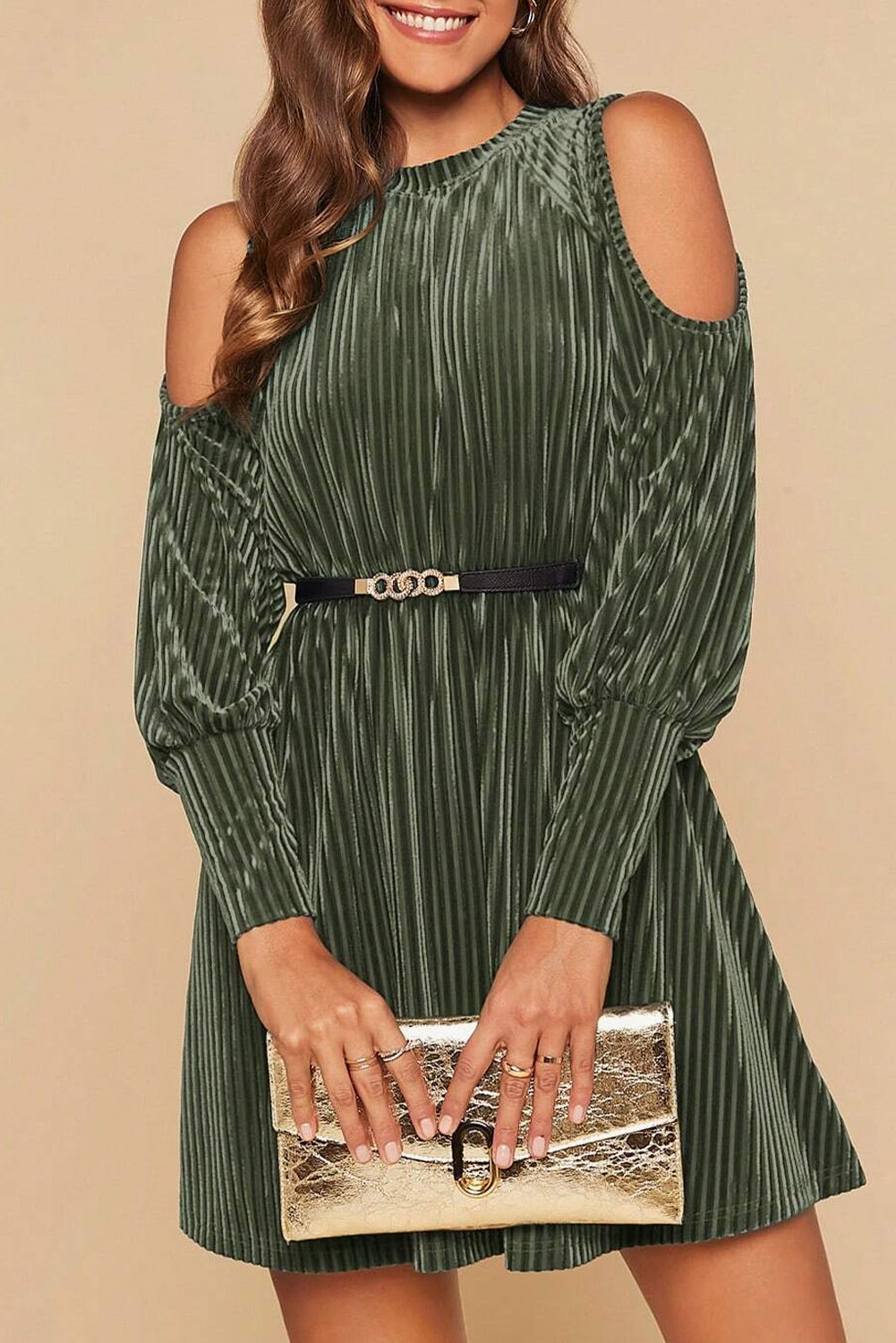Elegant Women's Mist Green Velvet Cold Shoulder Mini Dress with Flared Hem and Textured Bishop Sleeves