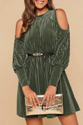 Elegant Women's Mist Green Velvet Cold Shoulder Mini Dress with Flared Hem and Textured Bishop Sleeves