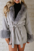 Stylish Light Grey Plus Size Patchwork Open Front Belted Overcoat for Women - Versatile Outerwear for Every Occasion