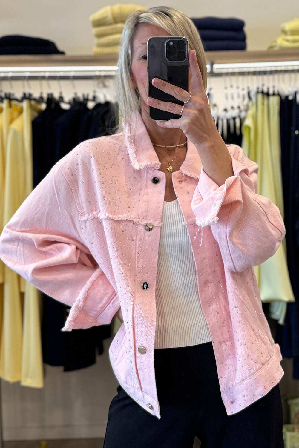 Trendy Women's Light Pink Loose Denim Jacket with Rhinestone Accents and Raw Edge for Casual Style