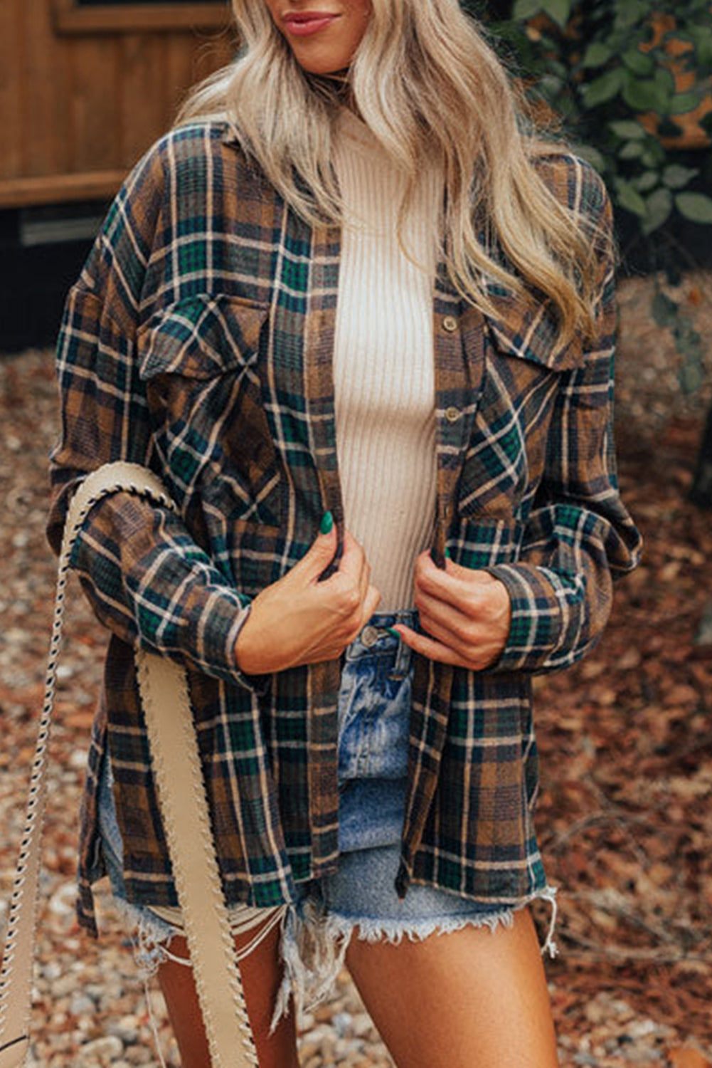 Stylish Women's Brown Plaid Button-Up Shirt Jacket with Chest Pockets Versatile Outerwear for Casual & Chic Looks