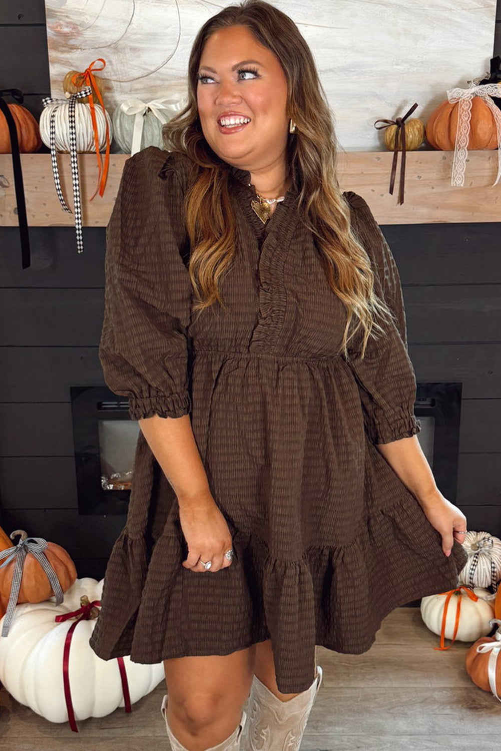 Plus Size Women's Coffee V-Neck Puff Sleeve Mini Dress with Frill Trim & Textured Fabric for Effortless Chic Style