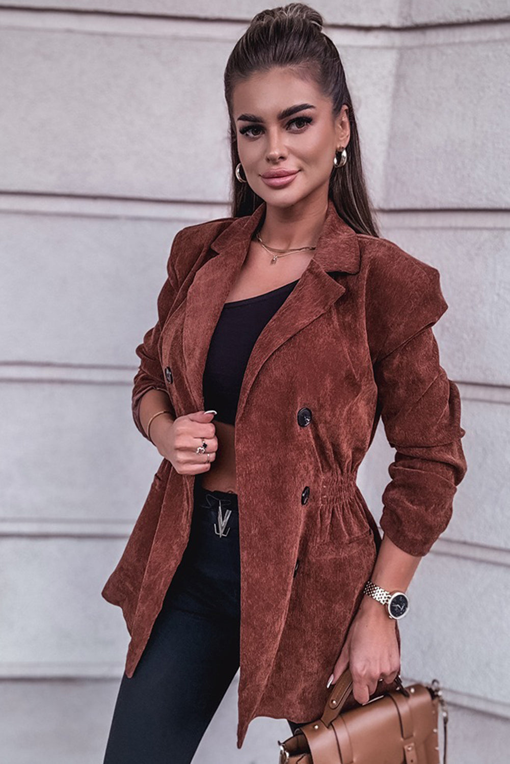 Chic Women's Coffee Corduroy Blazer with Smocked Waist - Stylish Double-Breasted Jacket for Office and Casual Outfits