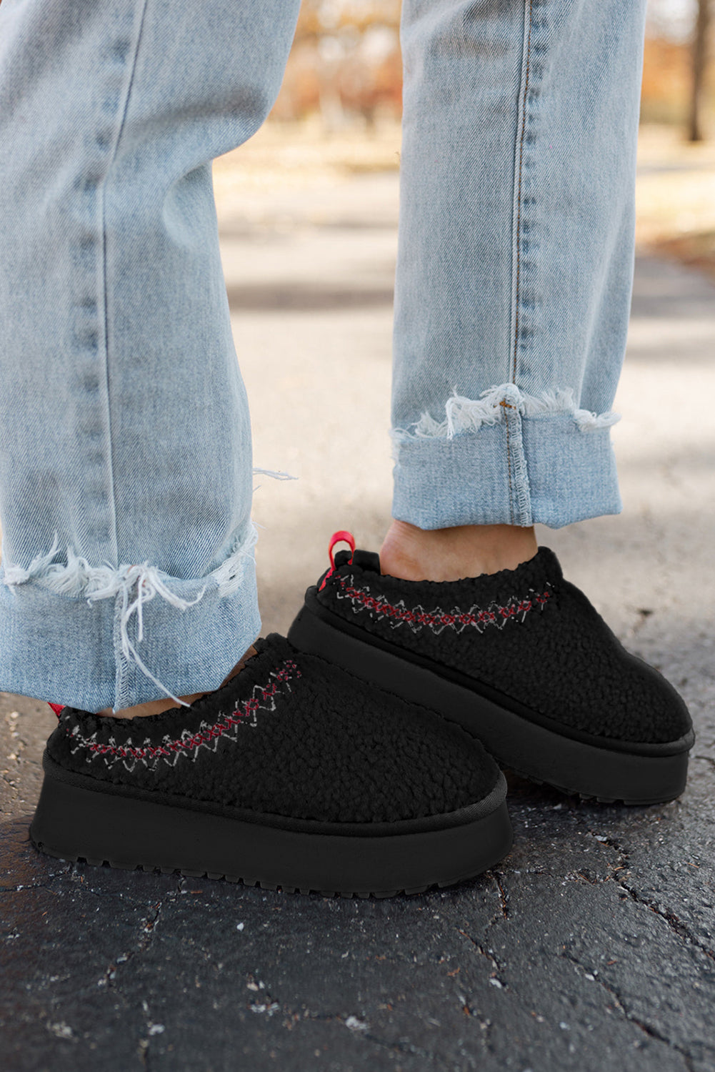 Women's Embroidered Black Sherpa Plush Snow Boots with Thick Sole for Cozy Comfort and Chic Winter Style