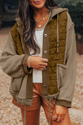 Trendy Women's Jungle Green Quilted Hooded Jacket - Casual Loose Fit with Stylish Textured Patchwork Detail