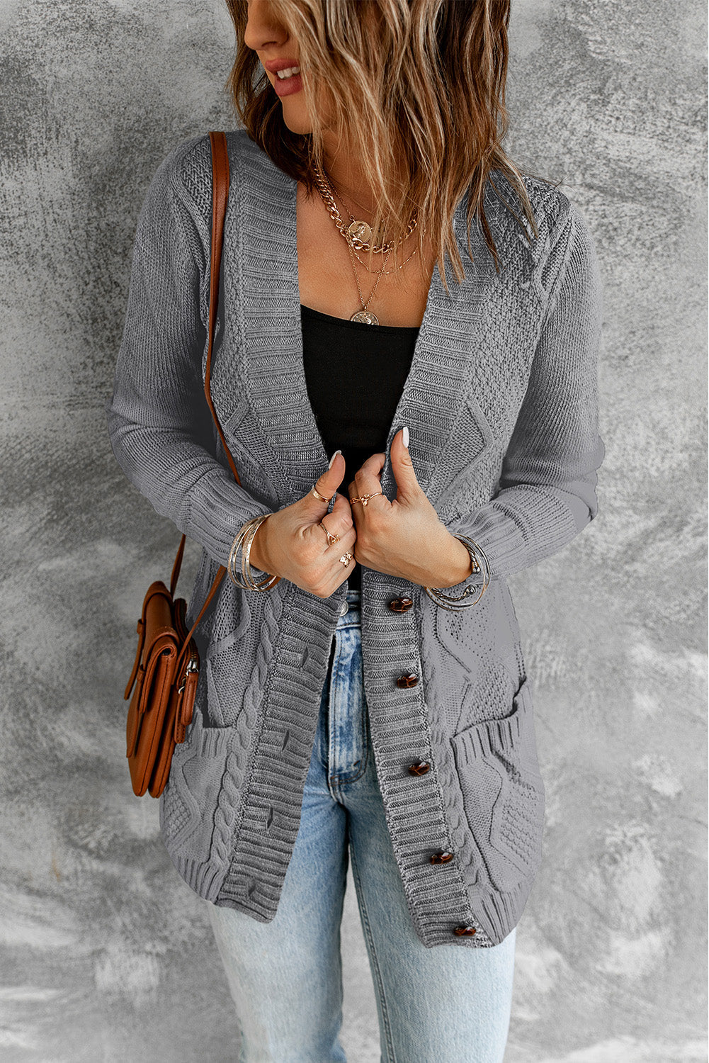 Stylish Women's Dark Gray Cardigan with Front Pockets and Button Closure - Cozy Layer for Casual or Dressy Outfits