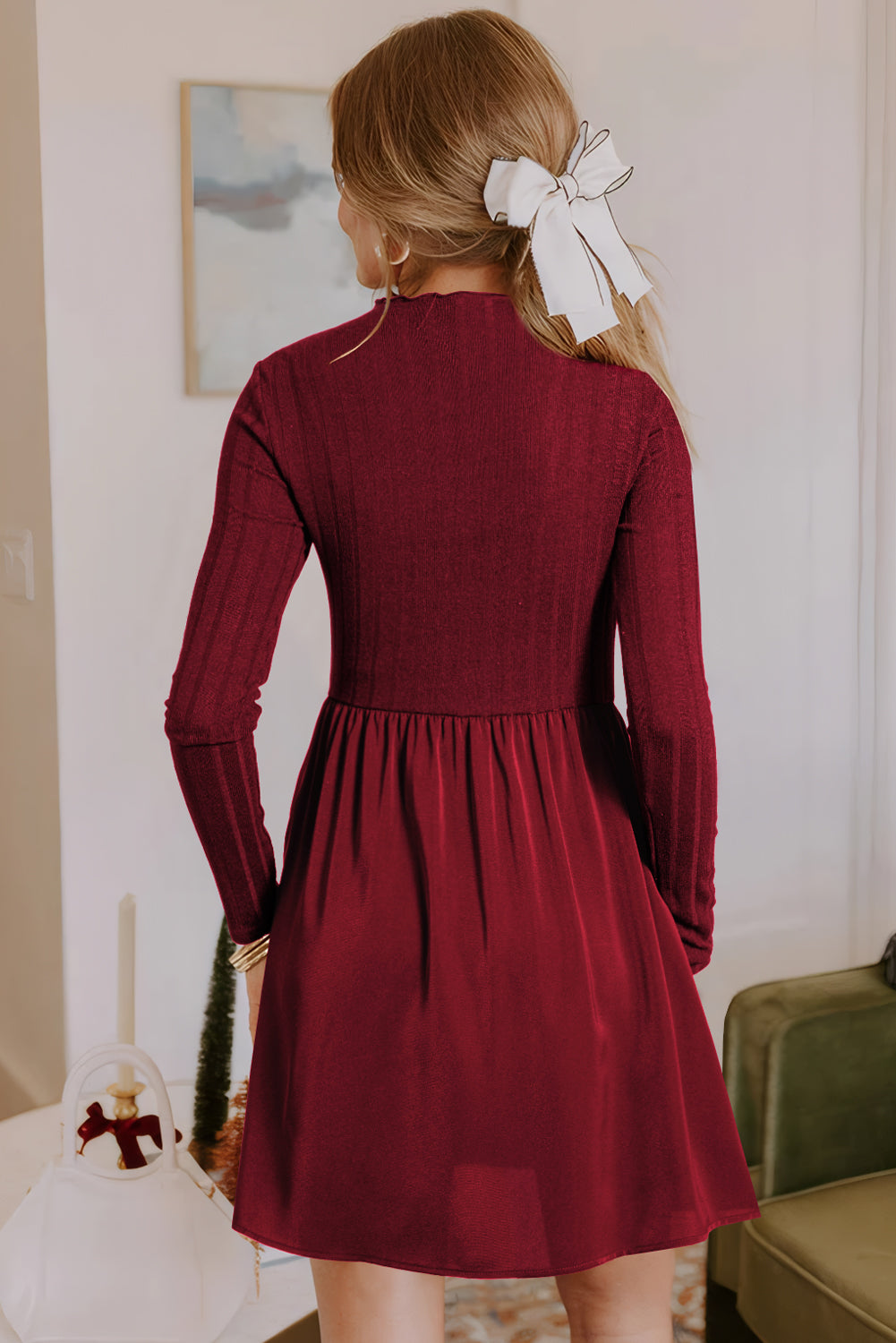 Chic Women's Red Ribbed Knit Mini Dress with Frilled Neck and Stylish Patchwork Design for Effortless Elegance