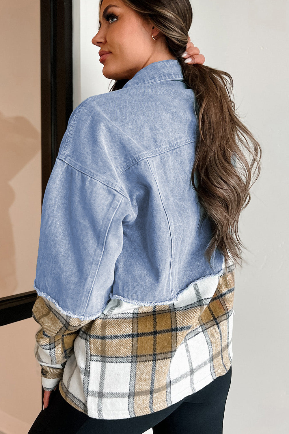 Trendy Women's Khaki Plaid Oversized Denim Jacket with Button Closure Chic Casual Outerwear for Effortless Style
