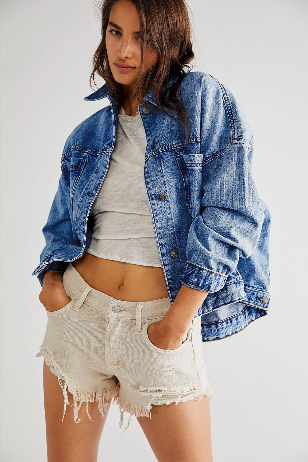 Trendy Women's Oversized Dark Blue Denim Jacket with Functional Pockets for Casual Everyday Wear