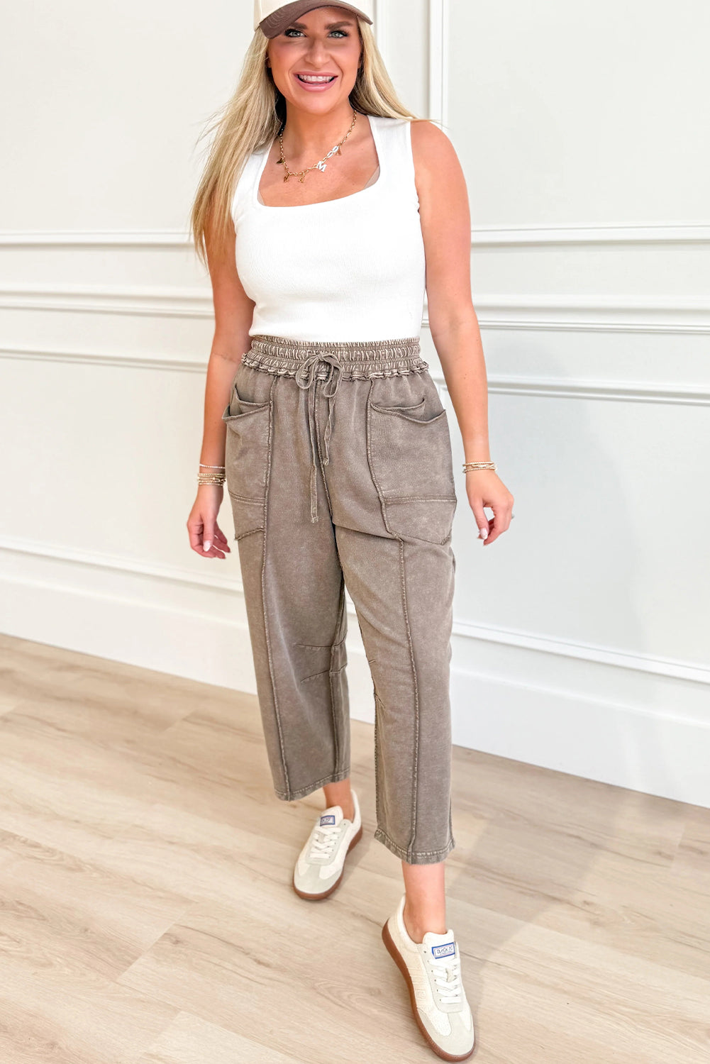 Women's Comfortable Dark Brown Loose Pants with Exposed Seams & Drawstring Waist - Stylish Mineral Wash Design